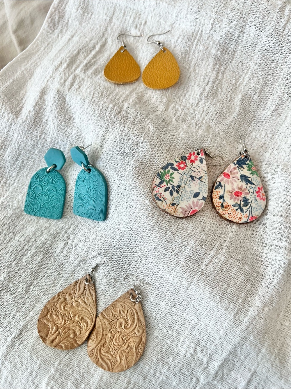 Set of Four Textured Teardrop Leather Earrings - Women Accessories